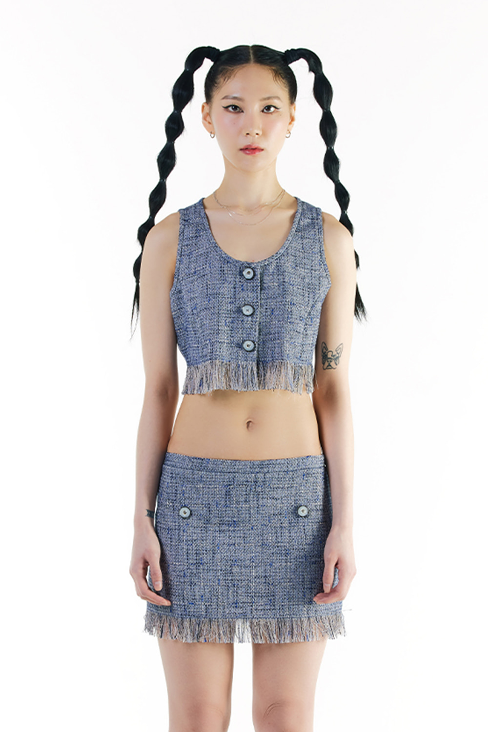 Tweed Button Crop Top - Chacoal